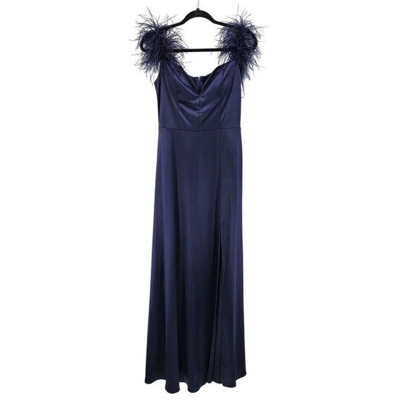 City Vibe Satin Navy Blue Feather-Shoulder Formal Gown Sz 9 Front Slit Prom Gala - Picture 12 of 12